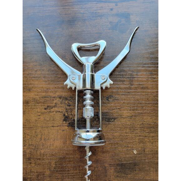 Silver Corkscrew Wine Bottle Opener w/Fins - Push Down - Used - Italy - Picture 8 of 10